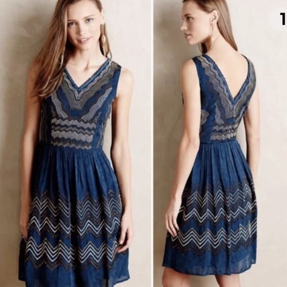 Anthropologie Meadow Rue Chevron Beaded Dress Blue Sz 10